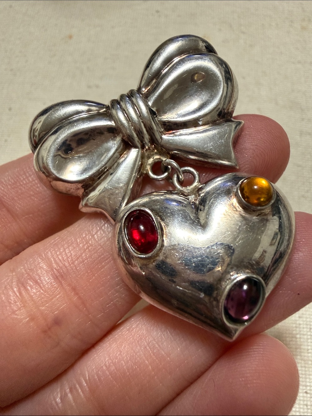 Lovely Sterling Silver Bow & Heart Pendant Brooche